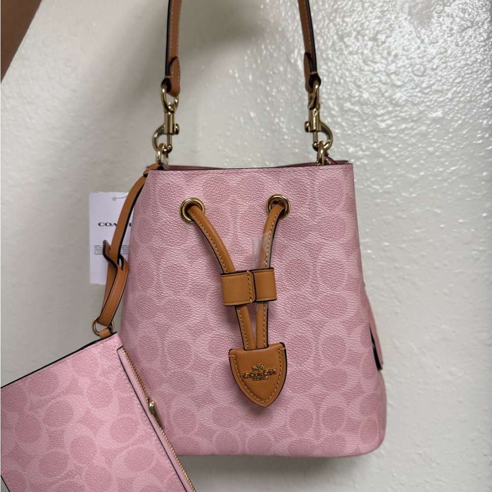 Coach Powder Pink Rowan Bucket Bag In Signature Canvas With Charms